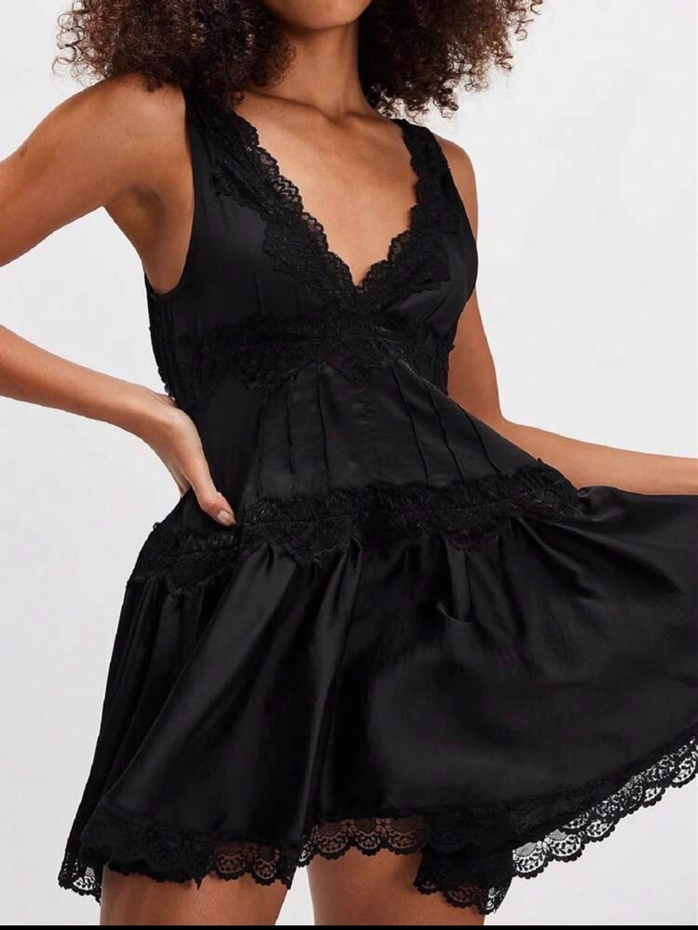 SHEIN Black Lace Trim V-Neck Mini Dress